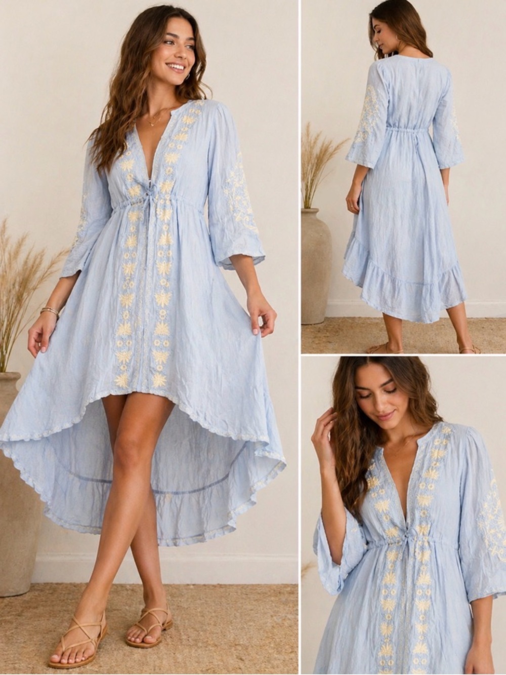 Light Blue Embroidered V-Neck High-Low Dress by